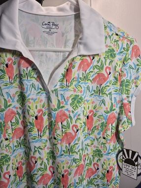 Coral Bay Women's Golf Shirt UPF 50 Protection Flamingos Cap Sleeves Size M NWT